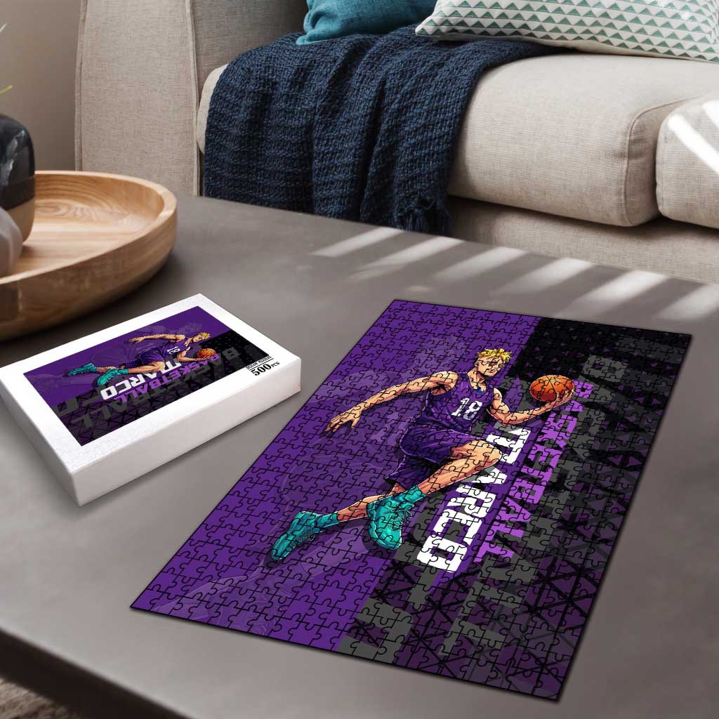 Marco One Piece Basketball Theme Purple and Black Design Puzzle with Phoenix Emblem and Action Pose - The Mazicc
