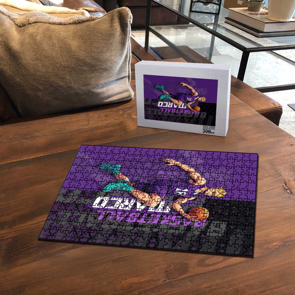Marco One Piece Basketball Theme Purple and Black Design Puzzle with Phoenix Emblem and Action Pose - The Mazicc