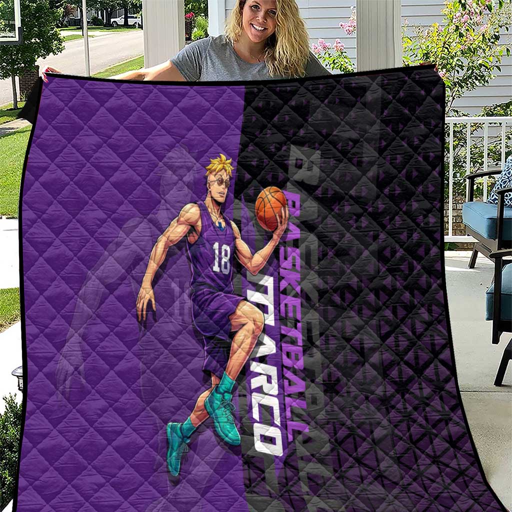 Marco One Piece Basketball Theme Purple and Black Design Quilt with Phoenix Emblem and Action Pose - The Mazicc