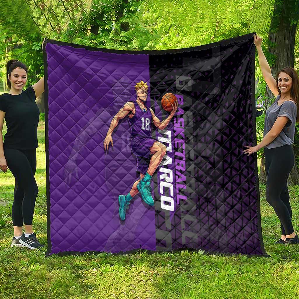 Marco One Piece Basketball Theme Purple and Black Design Quilt with Phoenix Emblem and Action Pose - The Mazicc