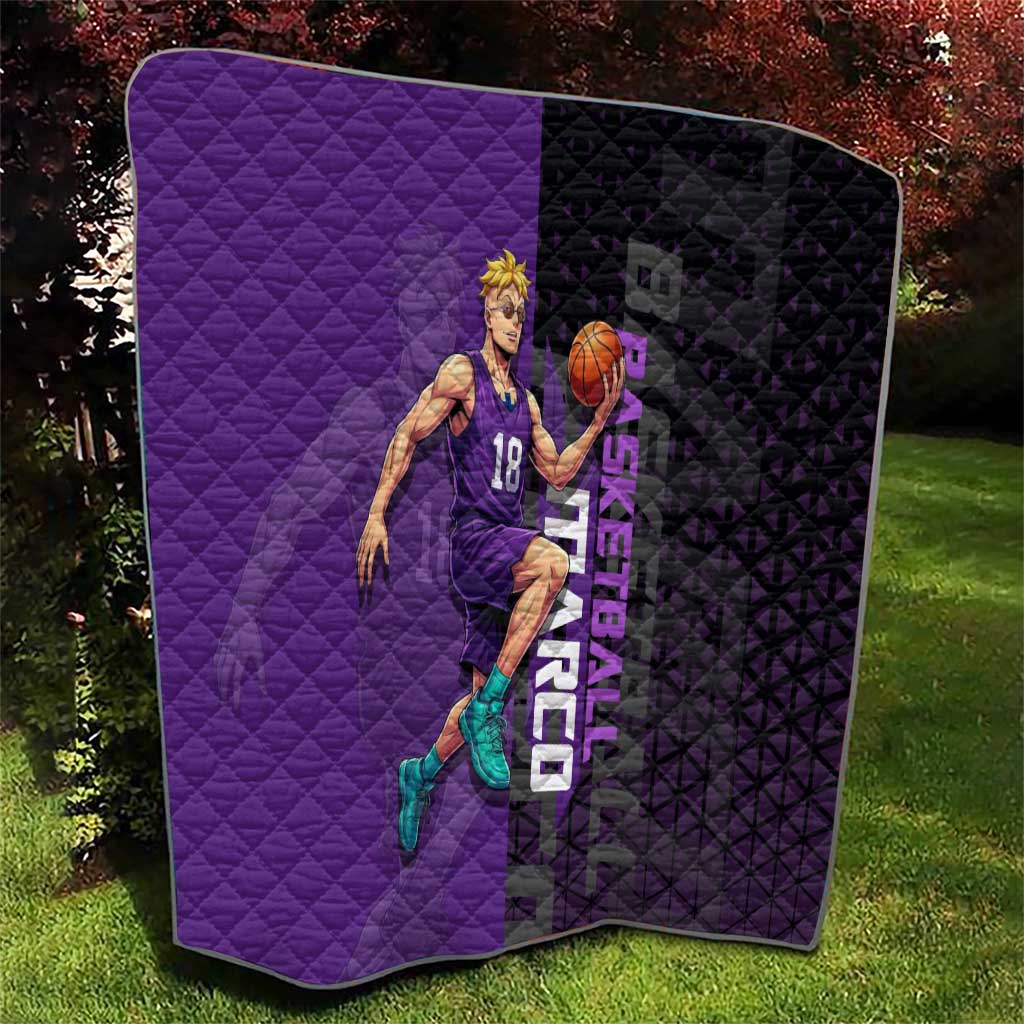 Marco One Piece Basketball Theme Purple and Black Design Quilt with Phoenix Emblem and Action Pose - The Mazicc