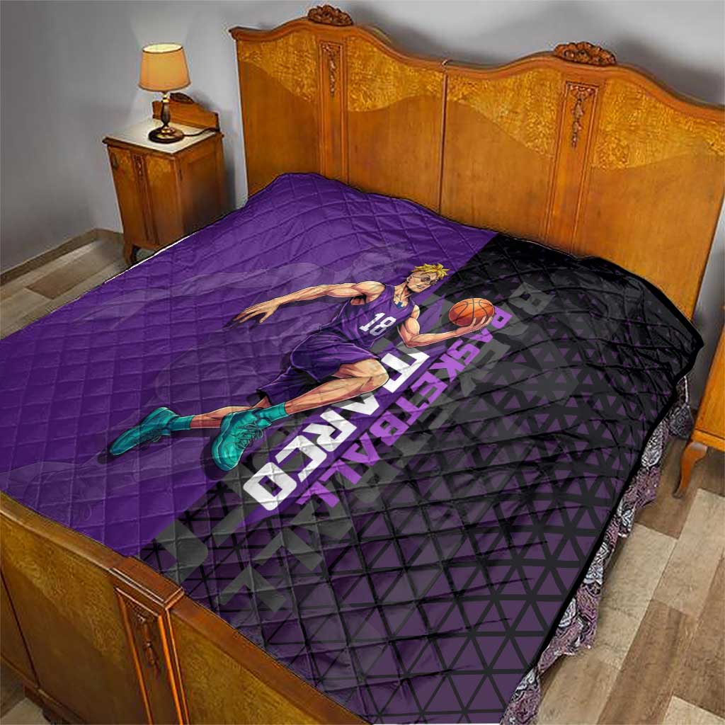 Marco One Piece Basketball Theme Purple and Black Design Quilt with Phoenix Emblem and Action Pose - The Mazicc