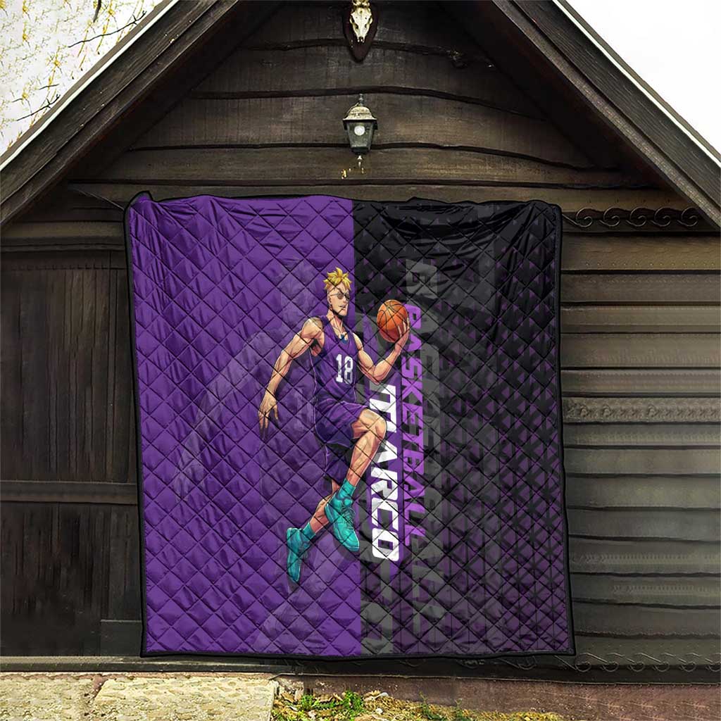Marco One Piece Basketball Theme Purple and Black Design Quilt with Phoenix Emblem and Action Pose - The Mazicc