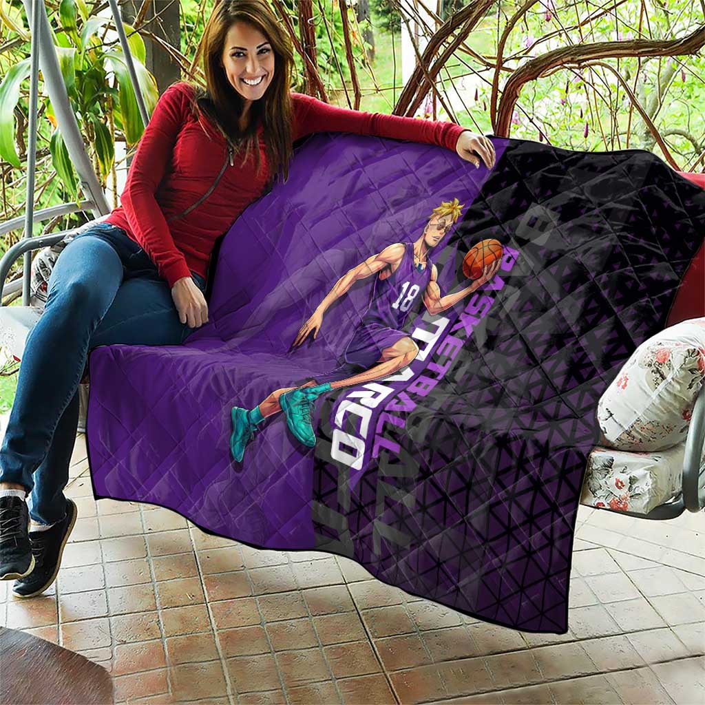 Marco One Piece Basketball Theme Purple and Black Design Quilt with Phoenix Emblem and Action Pose - The Mazicc