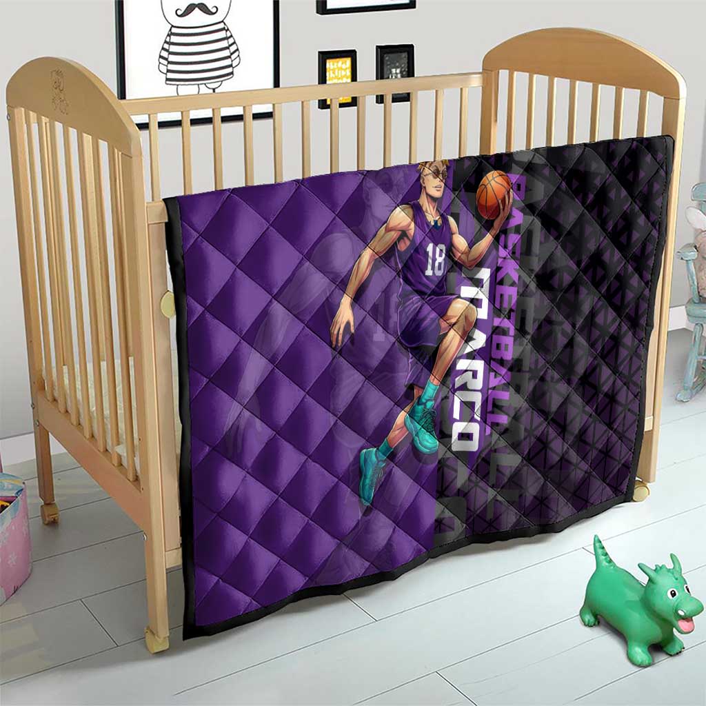 Marco One Piece Basketball Theme Purple and Black Design Quilt with Phoenix Emblem and Action Pose - The Mazicc