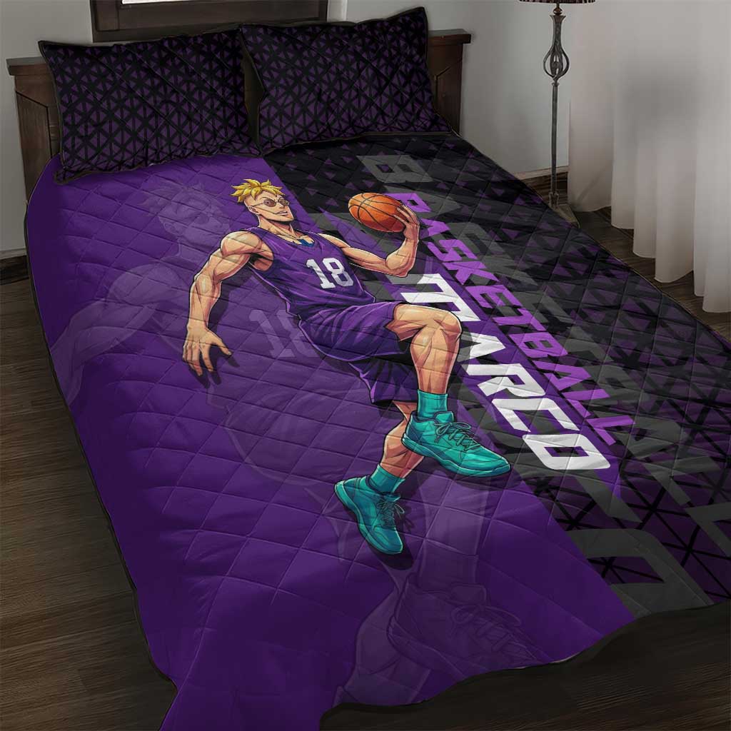 Marco One Piece Basketball Theme Purple and Black Design Quilt Bed Set with Phoenix Emblem and Action Pose - The Mazicc