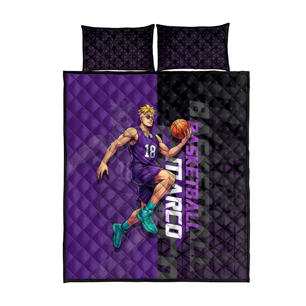 Marco One Piece Basketball Theme Purple and Black Design Quilt Bed Set with Phoenix Emblem and Action Pose - The Mazicc