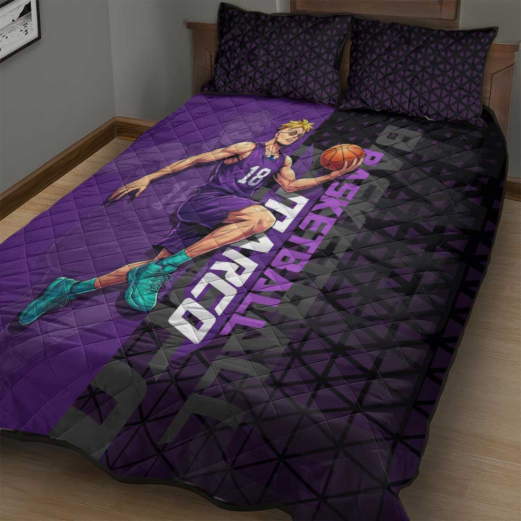 Marco One Piece Basketball Theme Purple and Black Design Quilt Bed Set with Phoenix Emblem and Action Pose - The Mazicc