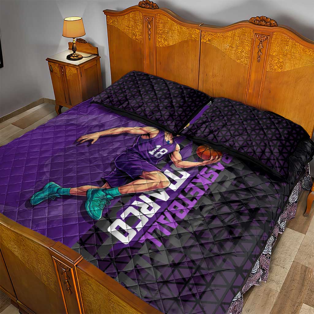 Marco One Piece Basketball Theme Purple and Black Design Quilt Bed Set with Phoenix Emblem and Action Pose - The Mazicc