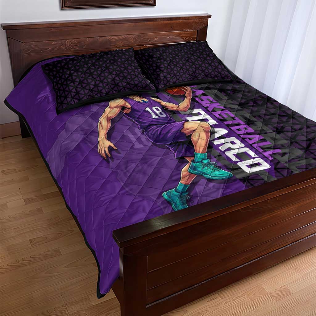 Marco One Piece Basketball Theme Purple and Black Design Quilt Bed Set with Phoenix Emblem and Action Pose - The Mazicc