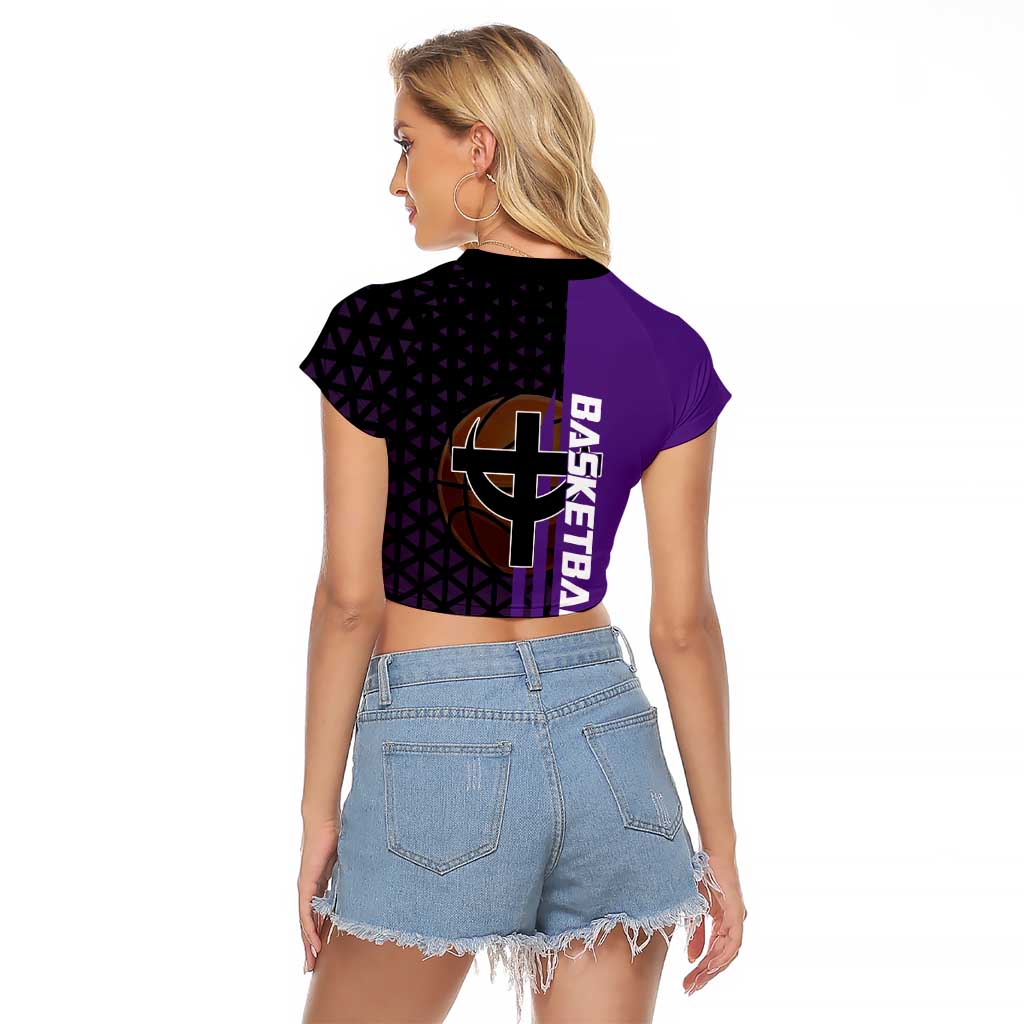 Marco One Piece Basketball Theme Purple and Black Design Raglan Cropped T Shirt with Phoenix Emblem and Action Pose - The Mazicc