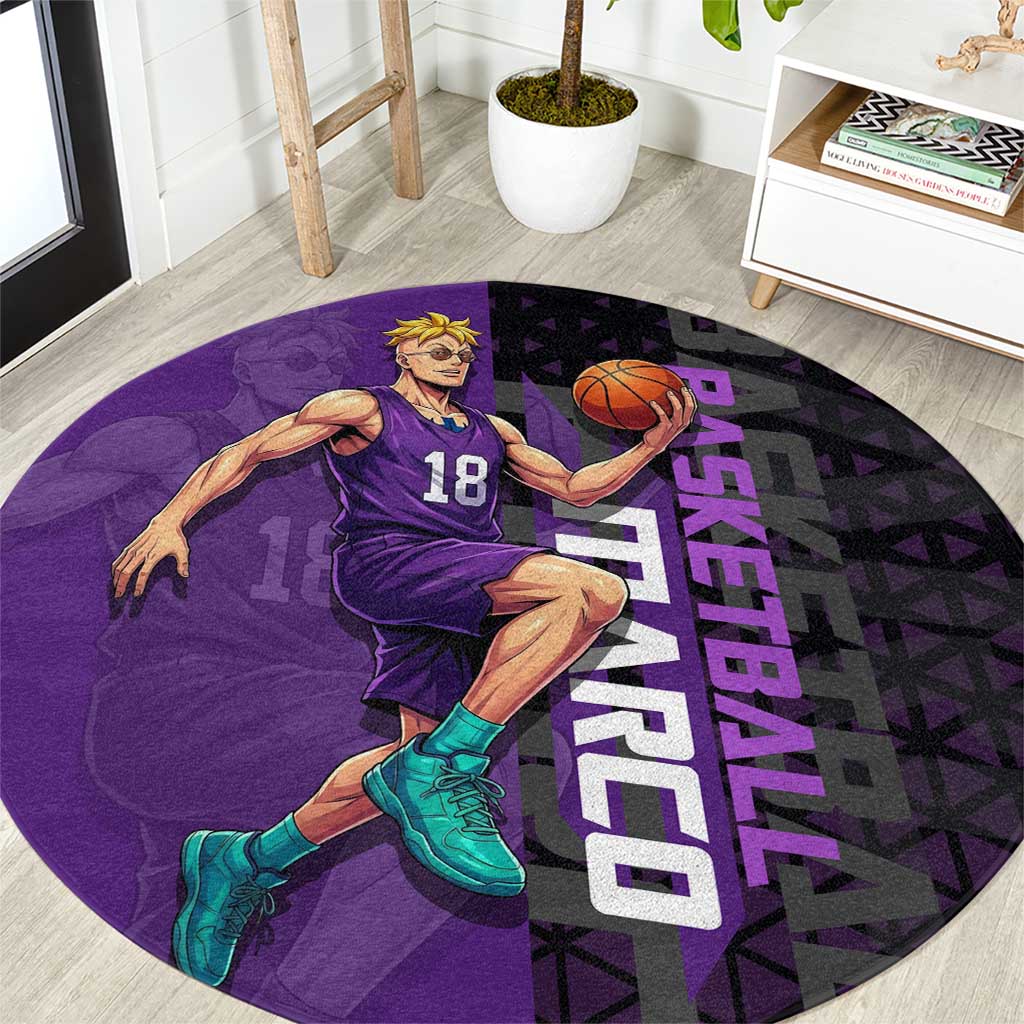 Marco One Piece Basketball Theme Purple and Black Design Round Carpet with Phoenix Emblem and Action Pose - The Mazicc