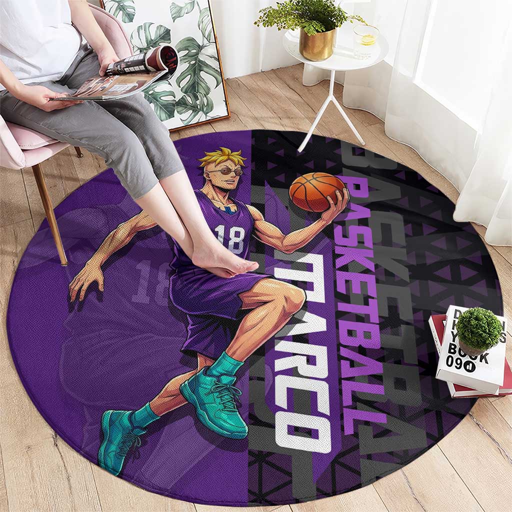 Marco One Piece Basketball Theme Purple and Black Design Round Carpet with Phoenix Emblem and Action Pose - The Mazicc