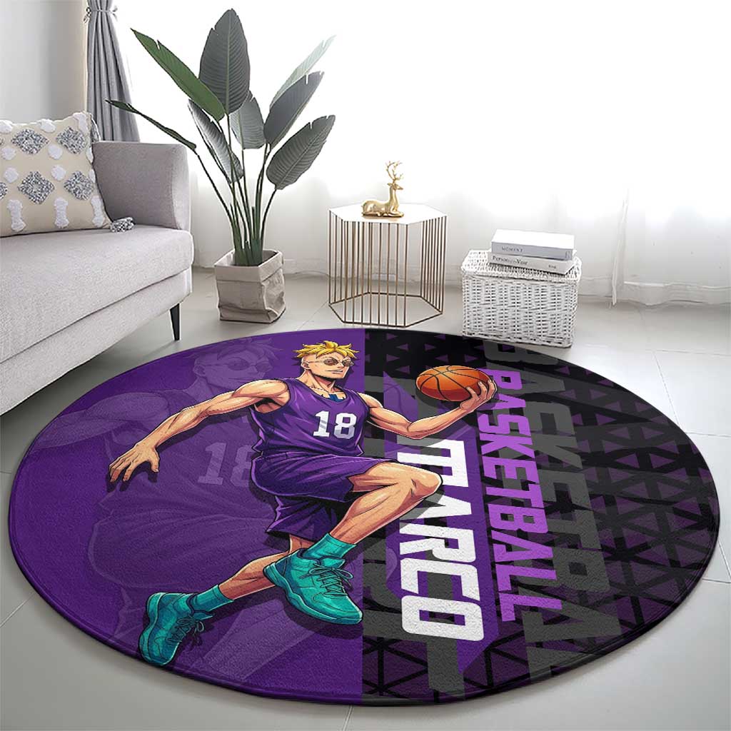 Marco One Piece Basketball Theme Purple and Black Design Round Carpet with Phoenix Emblem and Action Pose - The Mazicc