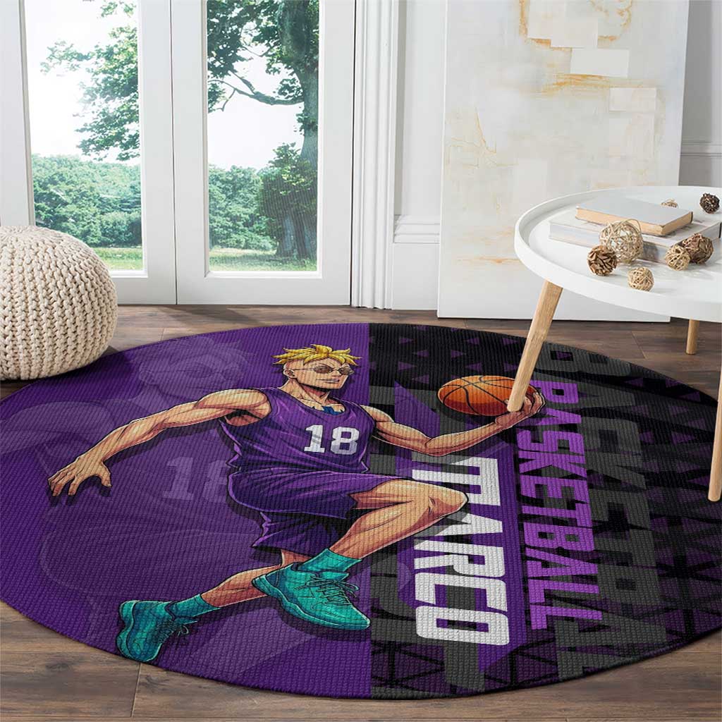 Marco One Piece Basketball Theme Purple and Black Design Round Carpet with Phoenix Emblem and Action Pose - The Mazicc