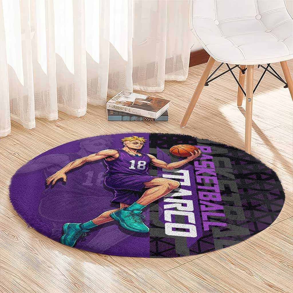 Marco One Piece Basketball Theme Purple and Black Design Round Carpet with Phoenix Emblem and Action Pose - The Mazicc