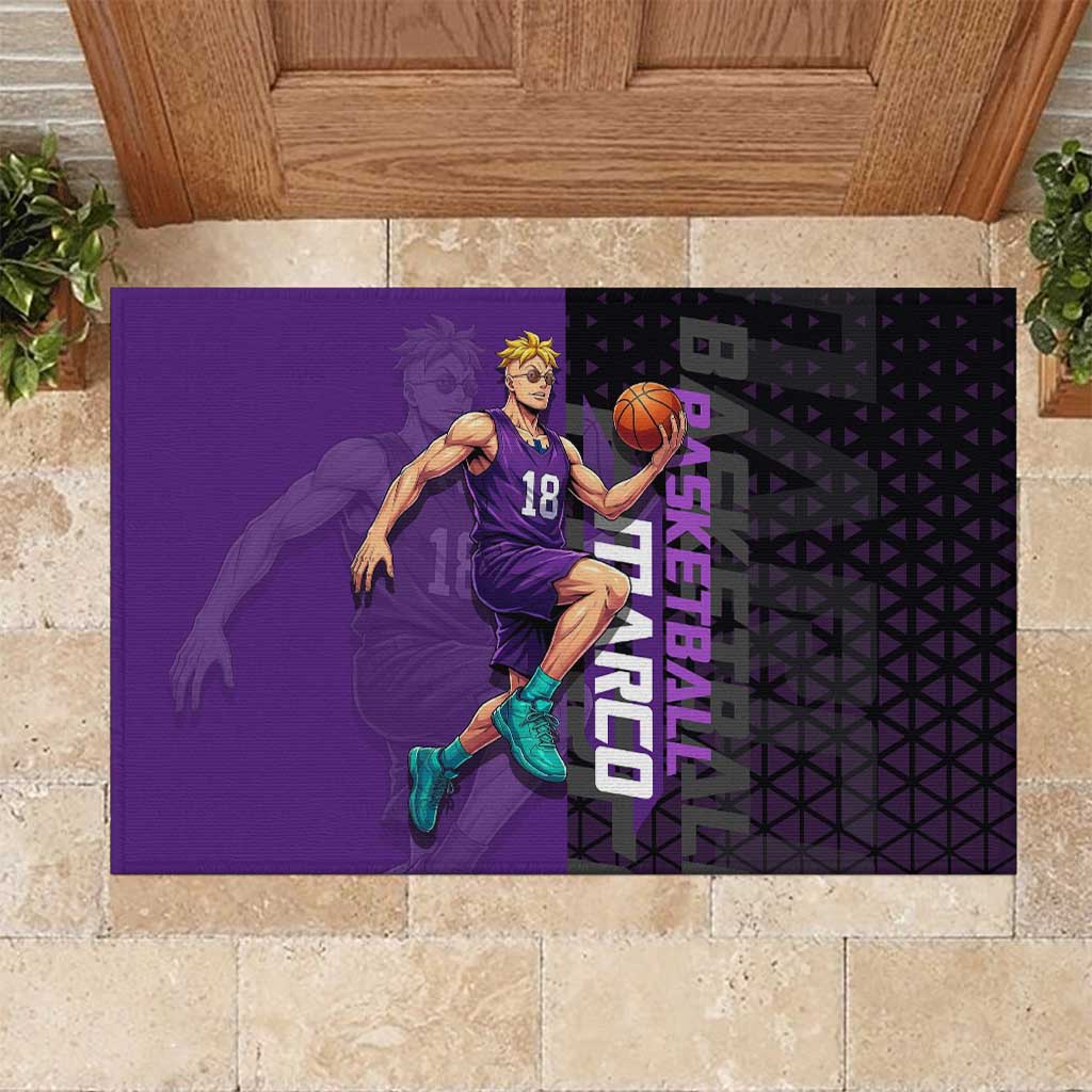 Marco One Piece Basketball Theme Purple and Black Design Rubber Doormat with Phoenix Emblem and Action Pose - The Mazicc