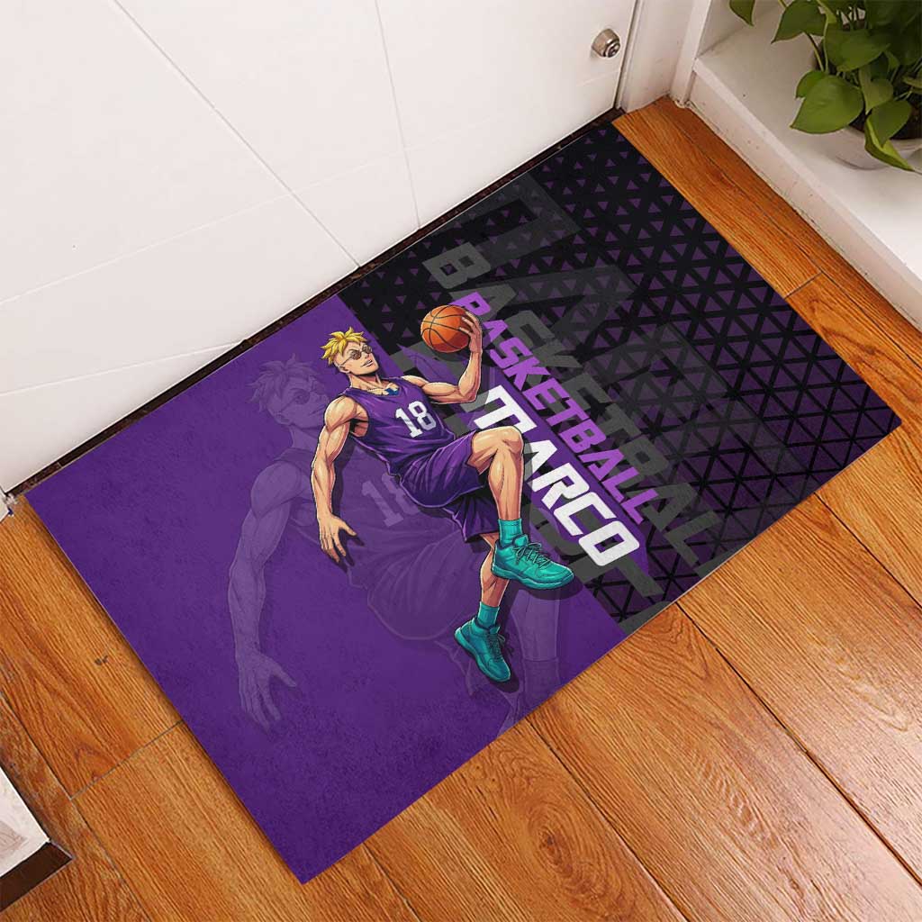 Marco One Piece Basketball Theme Purple and Black Design Rubber Doormat with Phoenix Emblem and Action Pose - The Mazicc