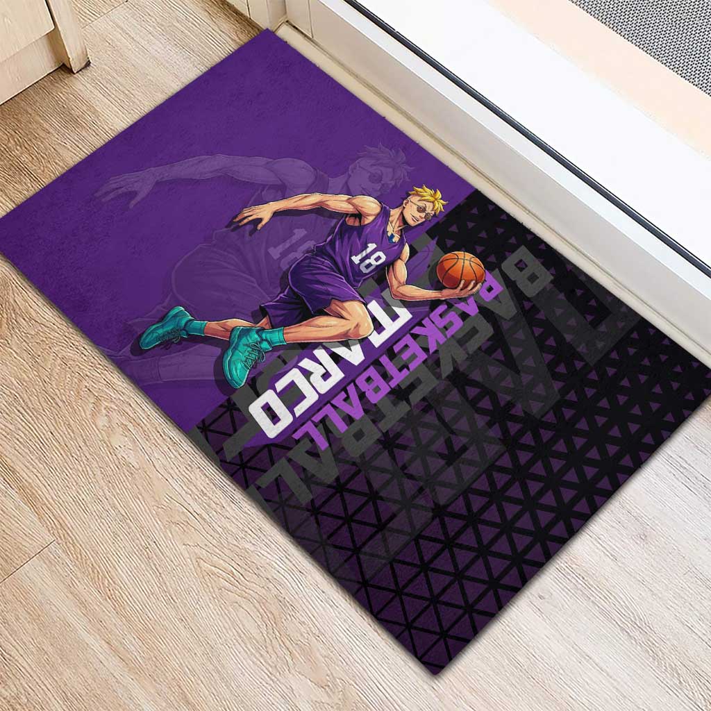 Marco One Piece Basketball Theme Purple and Black Design Rubber Doormat with Phoenix Emblem and Action Pose - The Mazicc