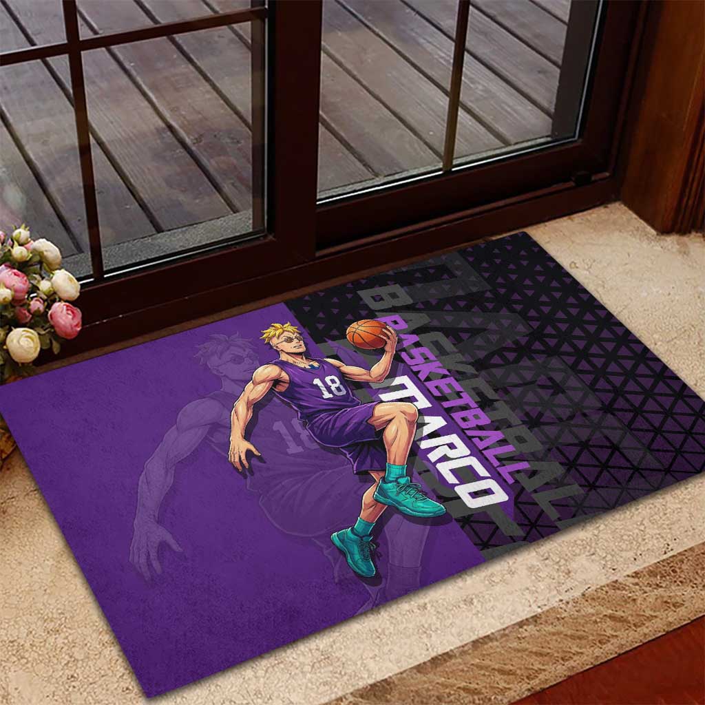 Marco One Piece Basketball Theme Purple and Black Design Rubber Doormat with Phoenix Emblem and Action Pose - The Mazicc