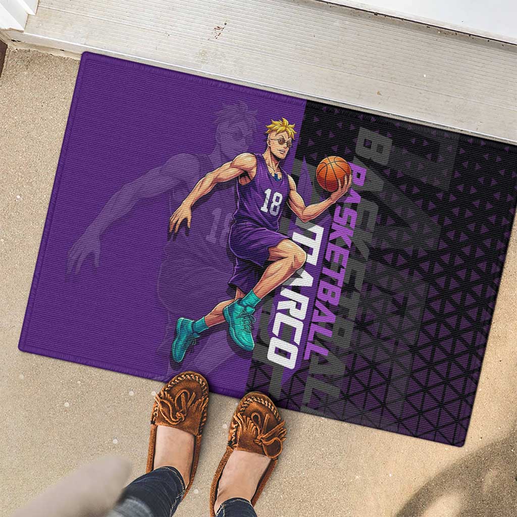 Marco One Piece Basketball Theme Purple and Black Design Rubber Doormat with Phoenix Emblem and Action Pose - The Mazicc