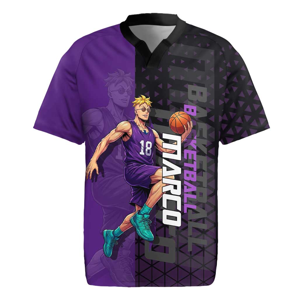 Marco One Piece Basketball Theme Purple and Black Design Rugby Jersey with Phoenix Emblem and Action Pose - The Mazicc