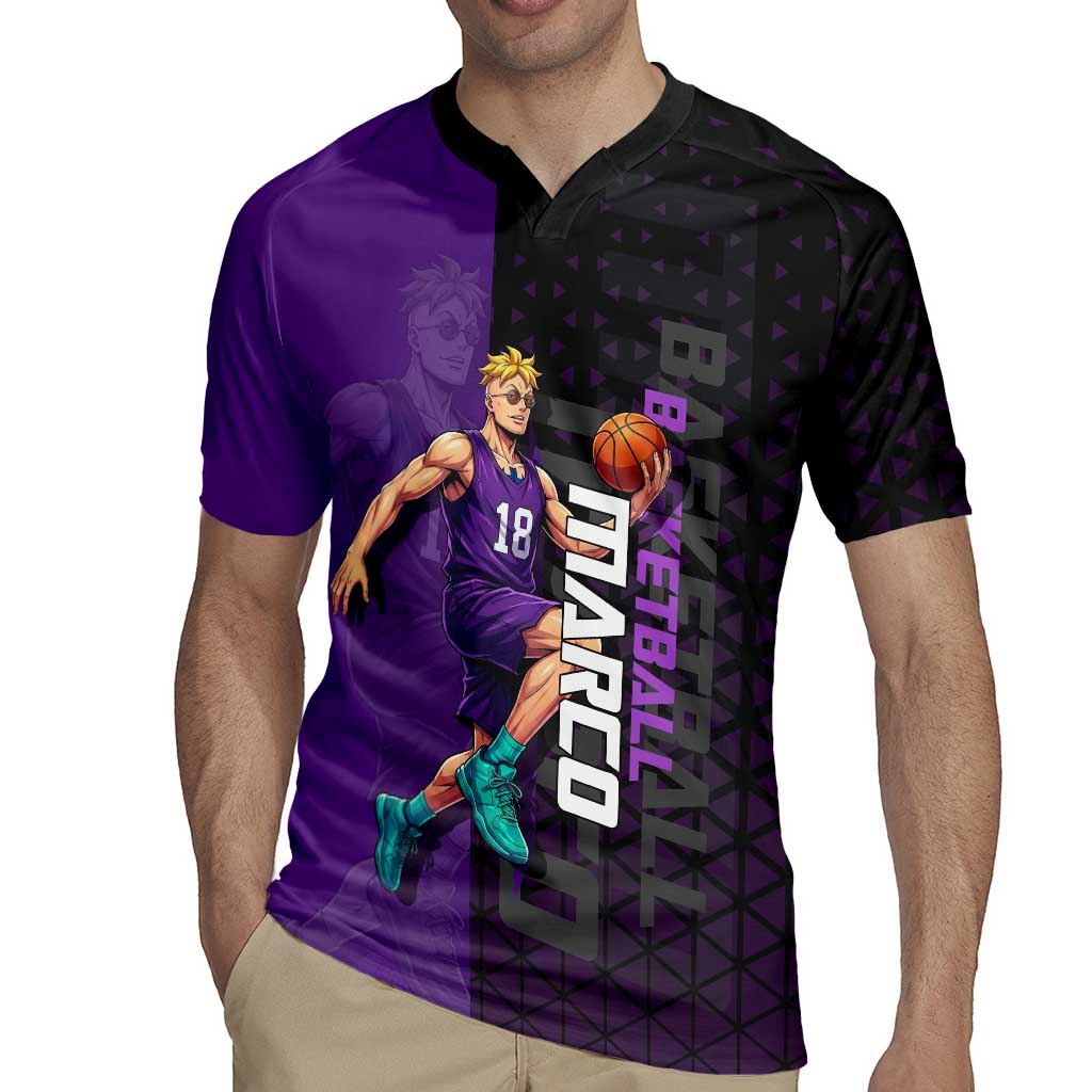 Marco One Piece Basketball Theme Purple and Black Design Rugby Jersey with Phoenix Emblem and Action Pose - The Mazicc