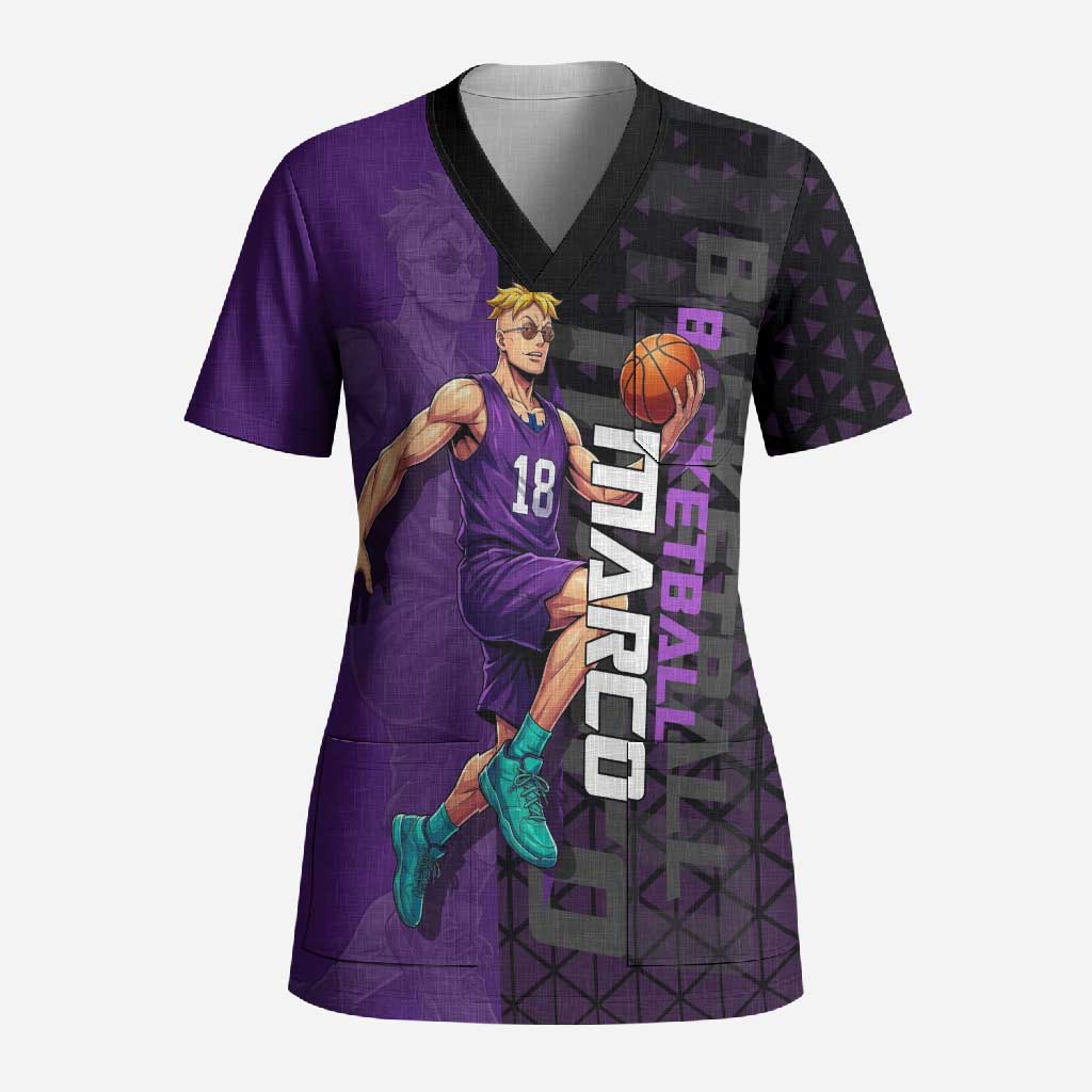 Marco One Piece Basketball Theme Purple and Black Design Scrub Top with Phoenix Emblem and Action Pose - The Mazicc