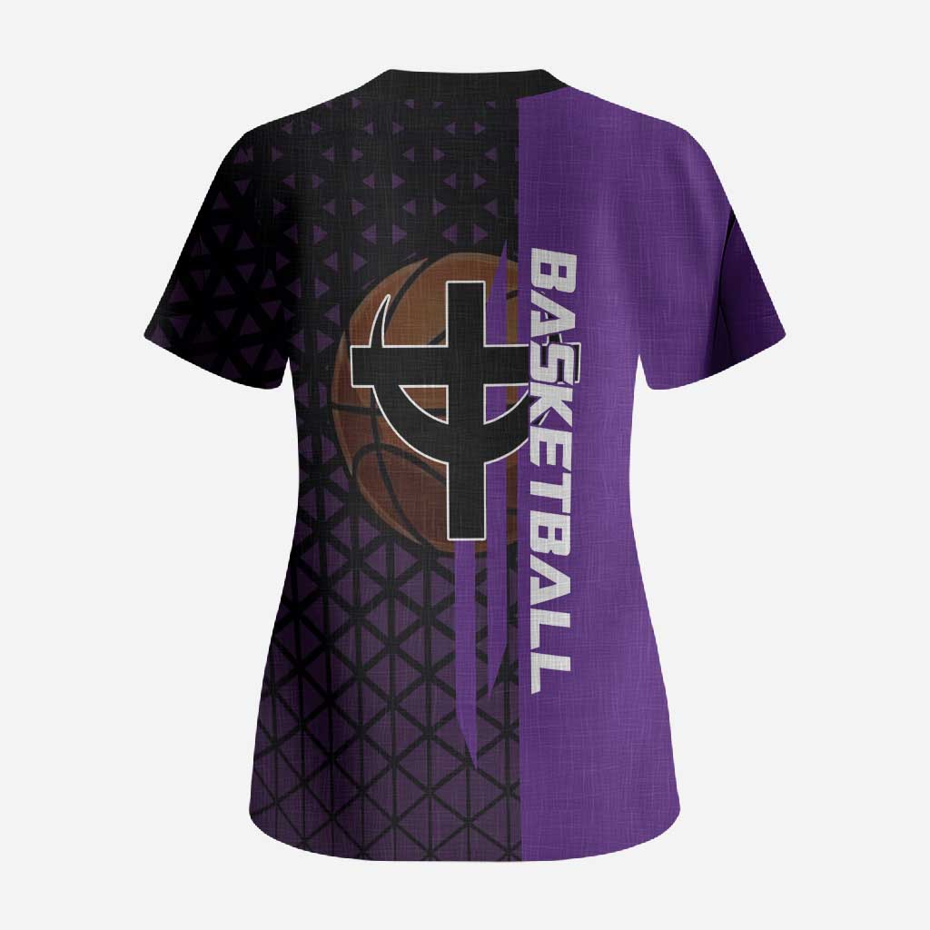 Marco One Piece Basketball Theme Purple and Black Design Scrub Top with Phoenix Emblem and Action Pose - The Mazicc