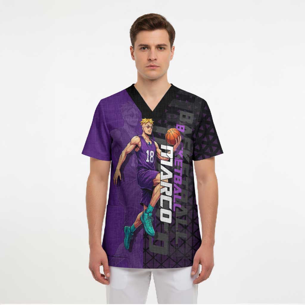 Marco One Piece Basketball Theme Purple and Black Design Scrub Top with Phoenix Emblem and Action Pose - The Mazicc