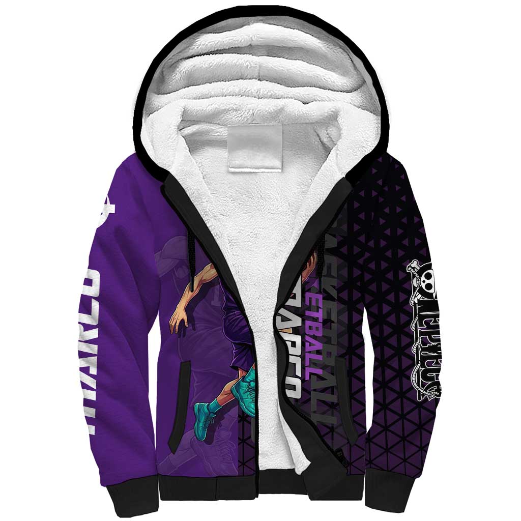 Marco One Piece Basketball Theme Purple and Black Design Sherpa Hoodie with Phoenix Emblem and Action Pose - The Mazicc