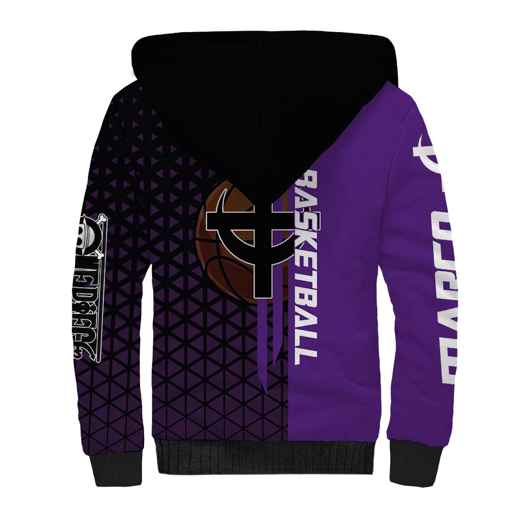 Marco One Piece Basketball Theme Purple and Black Design Sherpa Hoodie with Phoenix Emblem and Action Pose - The Mazicc