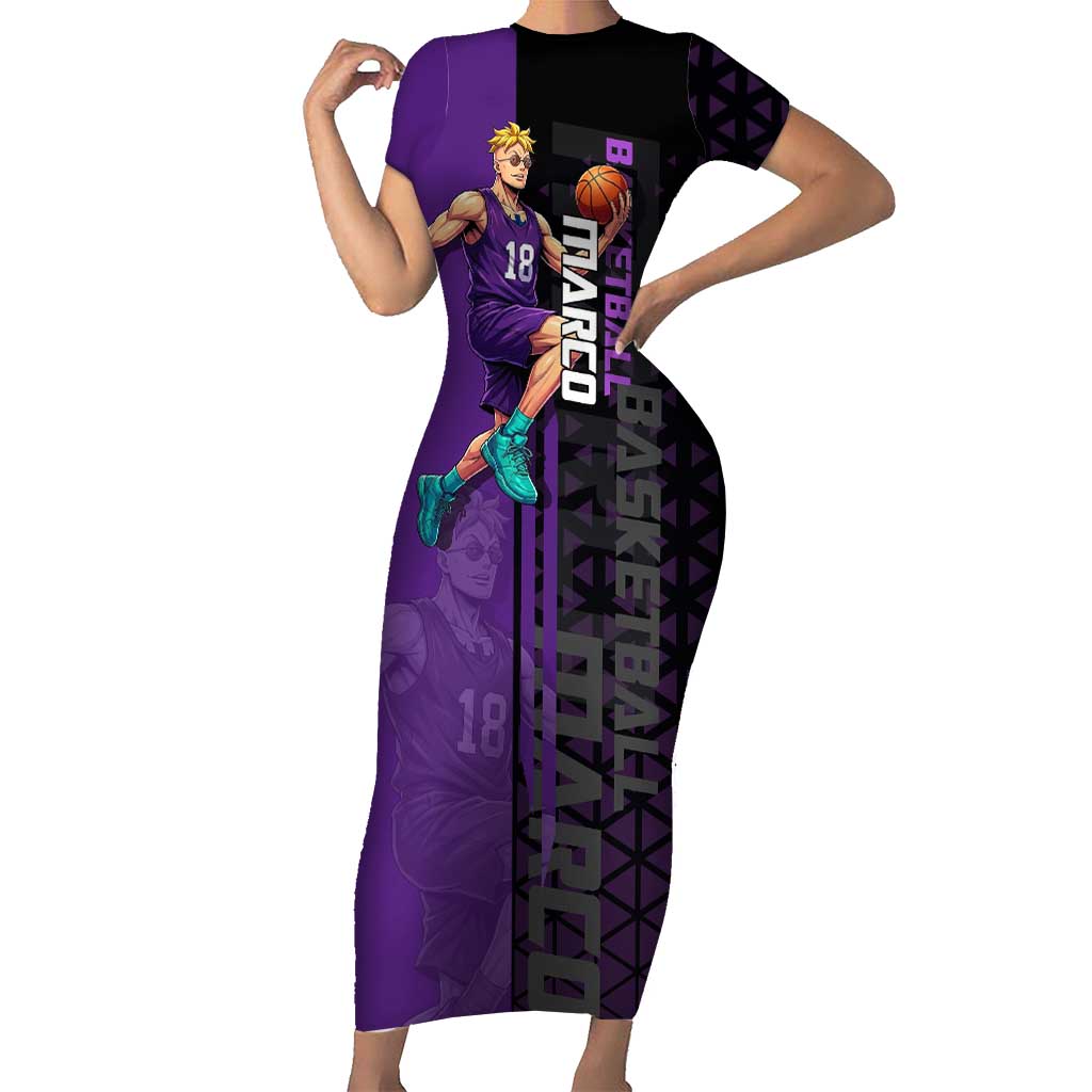 Marco One Piece Basketball Theme Purple and Black Design Short Sleeve Bodycon Dress with Phoenix Emblem and Action Pose - The Mazicc