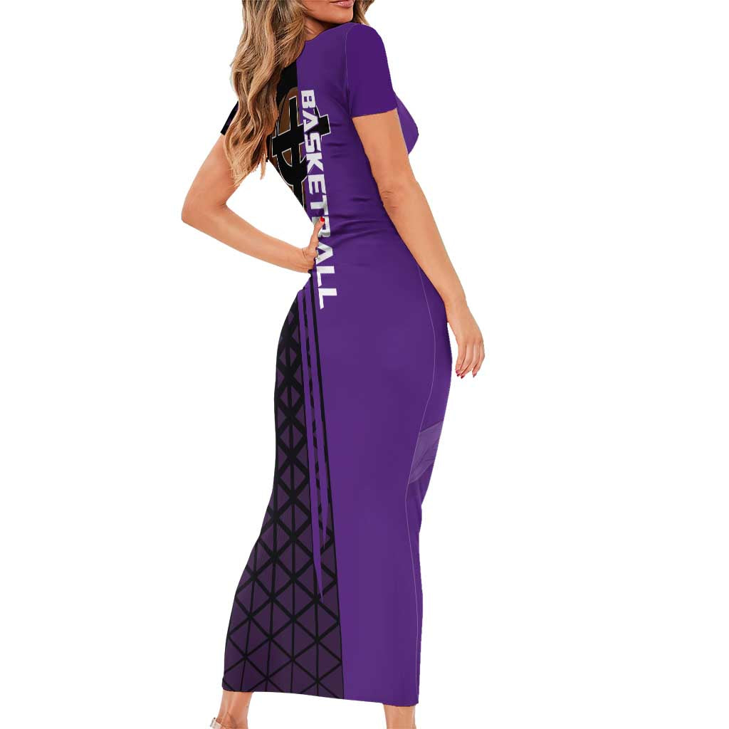 Marco One Piece Basketball Theme Purple and Black Design Short Sleeve Bodycon Dress with Phoenix Emblem and Action Pose - The Mazicc