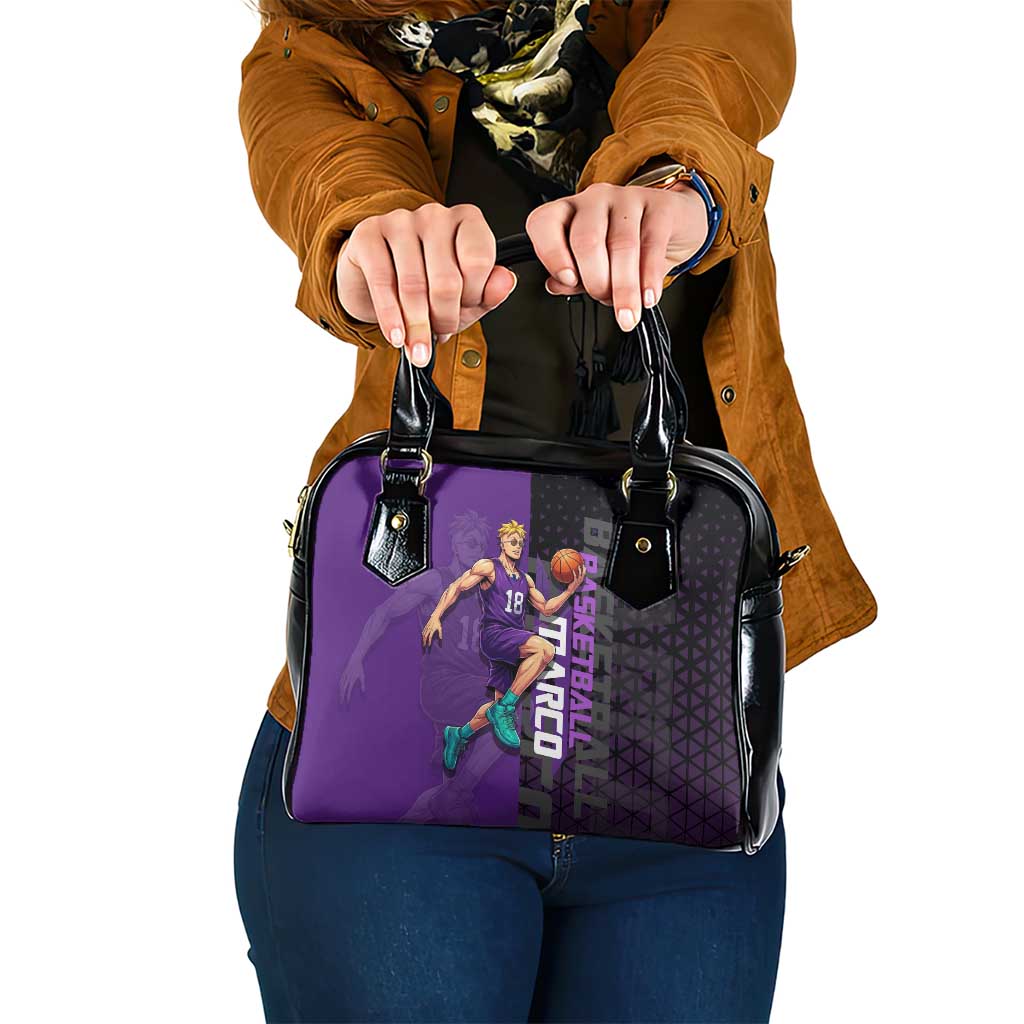 Marco One Piece Basketball Theme Purple and Black Design Shoulder Handbag with Phoenix Emblem and Action Pose - The Mazicc