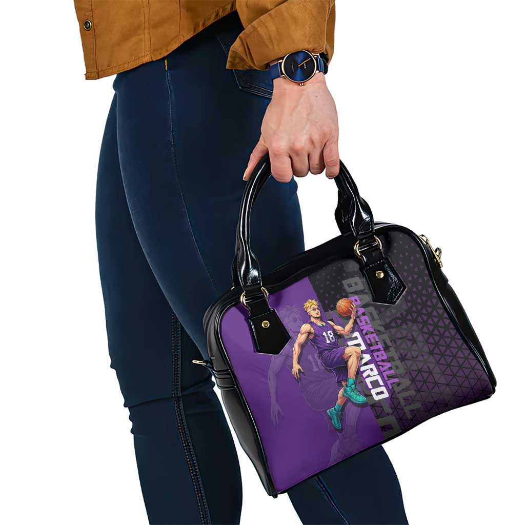 Marco One Piece Basketball Theme Purple and Black Design Shoulder Handbag with Phoenix Emblem and Action Pose - The Mazicc