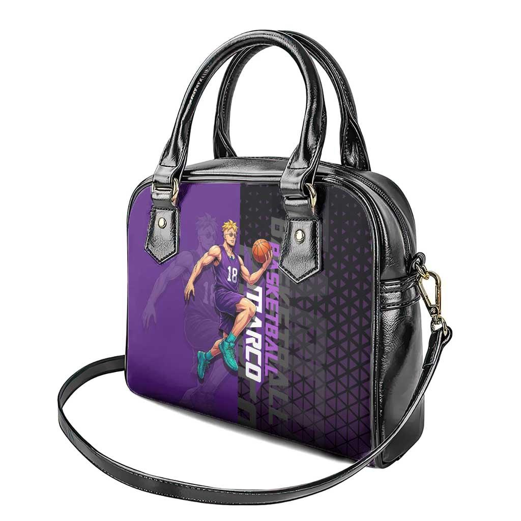 Marco One Piece Basketball Theme Purple and Black Design Shoulder Handbag with Phoenix Emblem and Action Pose - The Mazicc