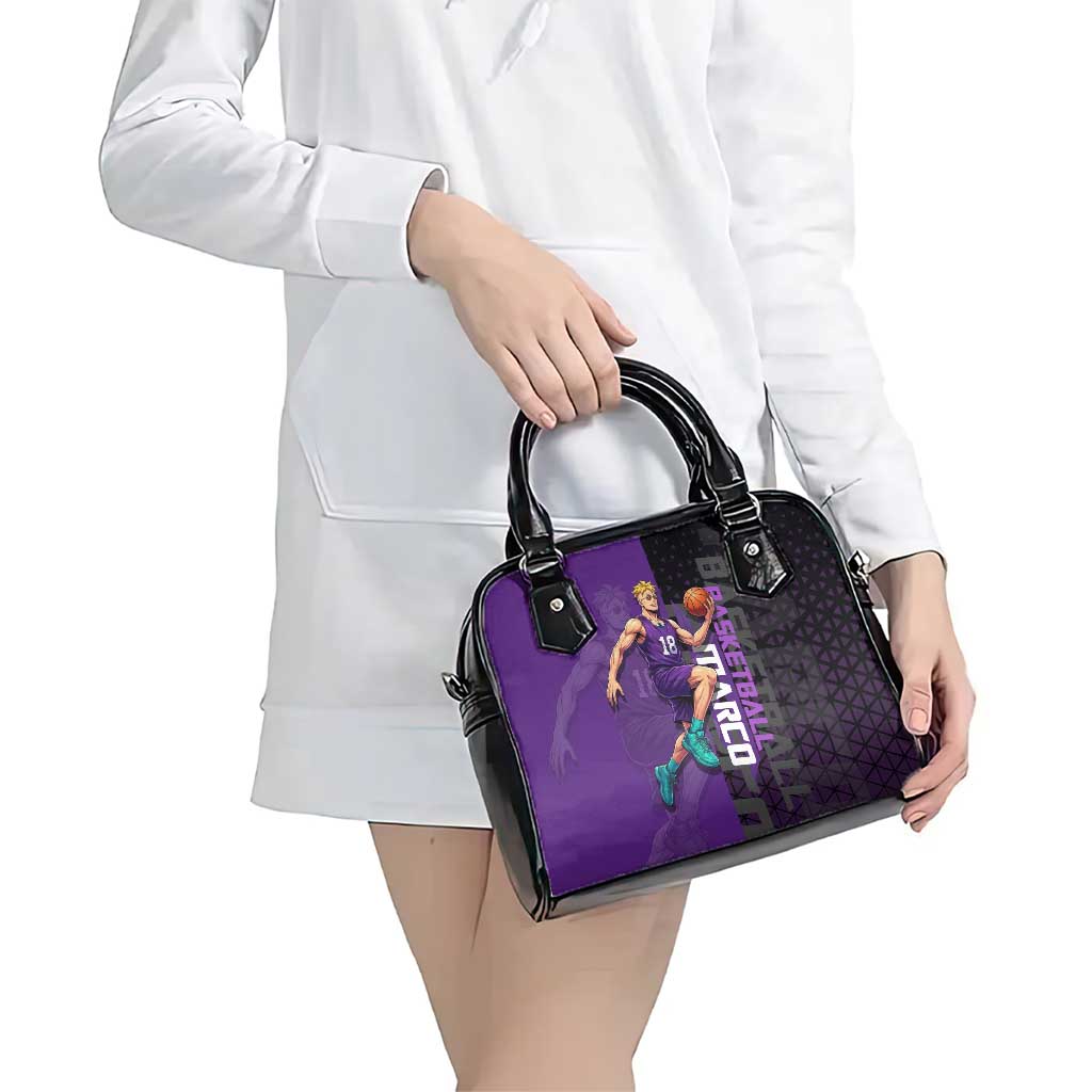 Marco One Piece Basketball Theme Purple and Black Design Shoulder Handbag with Phoenix Emblem and Action Pose - The Mazicc