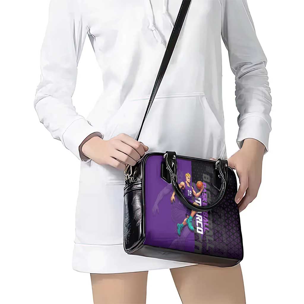 Marco One Piece Basketball Theme Purple and Black Design Shoulder Handbag with Phoenix Emblem and Action Pose - The Mazicc