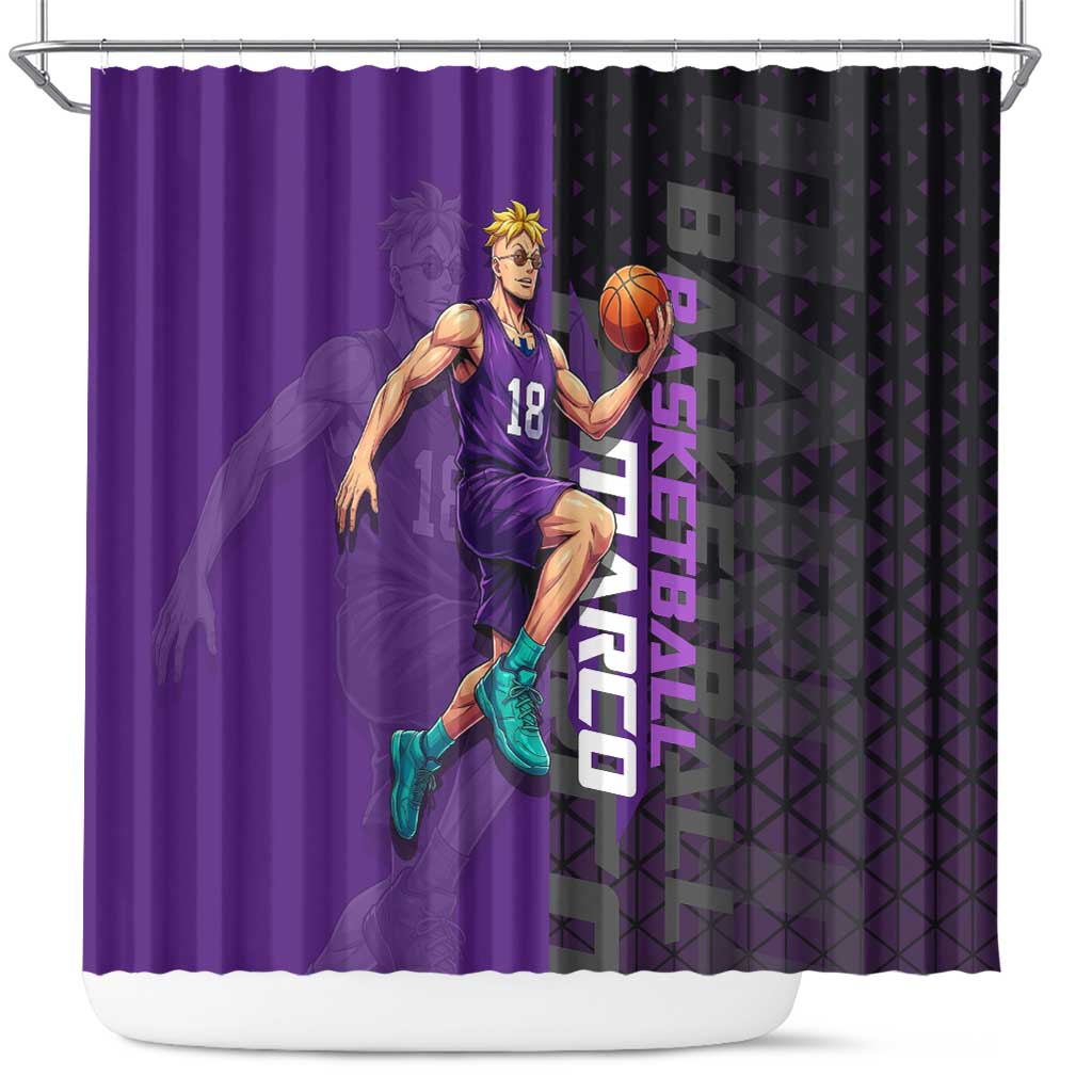 Marco One Piece Basketball Theme Purple and Black Design Shower Curtain with Phoenix Emblem and Action Pose - The Mazicc