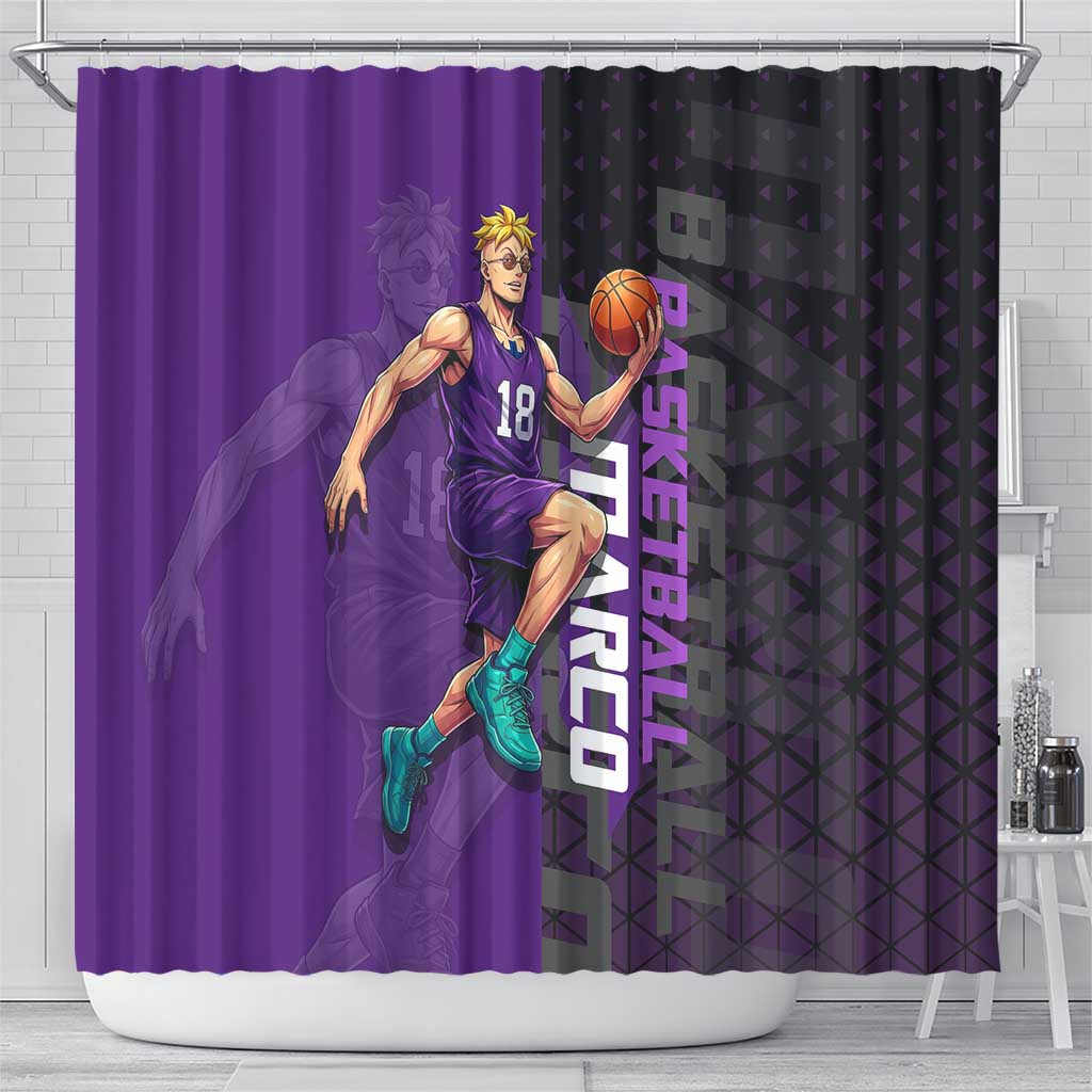 Marco One Piece Basketball Theme Purple and Black Design Shower Curtain with Phoenix Emblem and Action Pose - The Mazicc