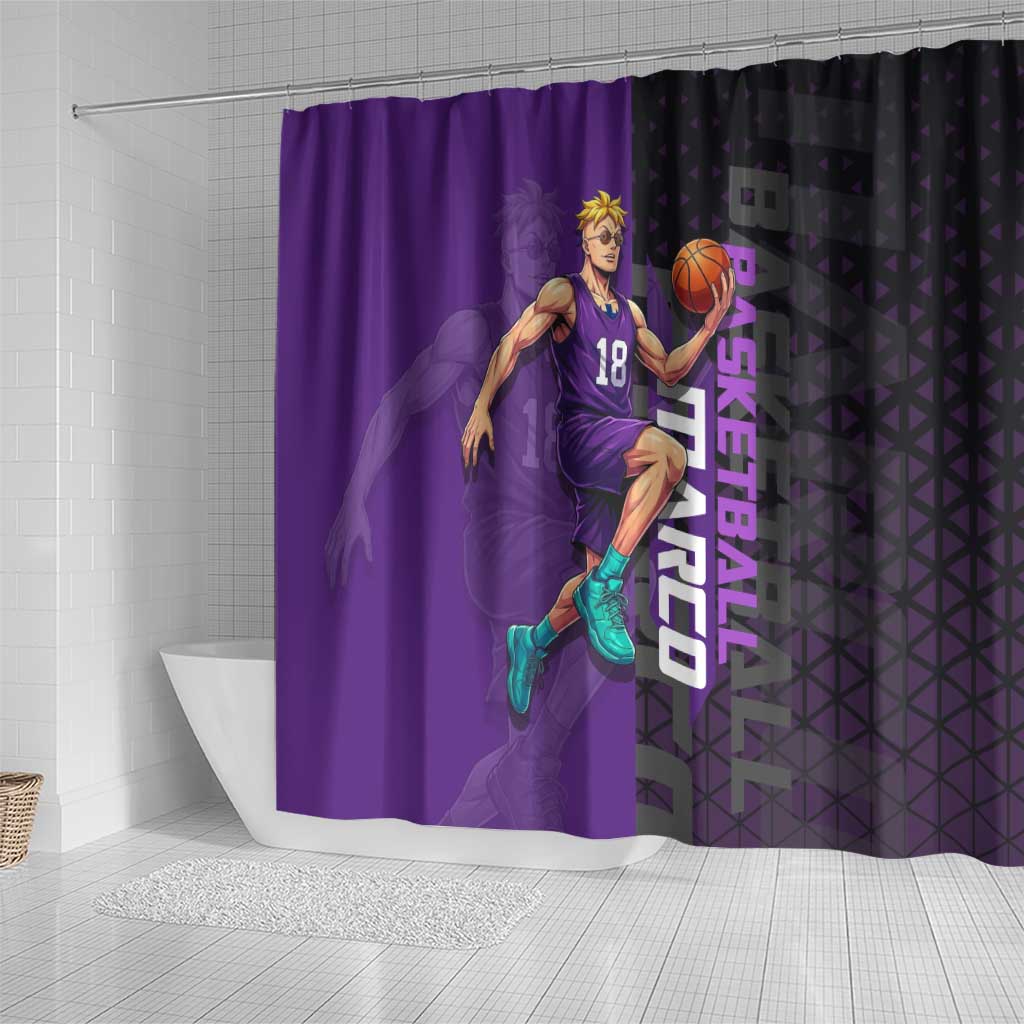 Marco One Piece Basketball Theme Purple and Black Design Shower Curtain with Phoenix Emblem and Action Pose - The Mazicc