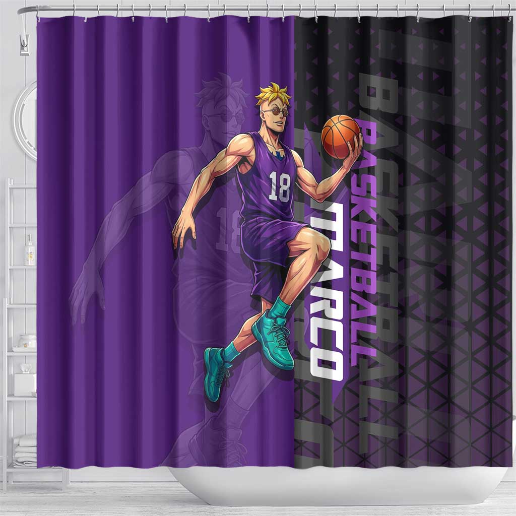 Marco One Piece Basketball Theme Purple and Black Design Shower Curtain with Phoenix Emblem and Action Pose - The Mazicc