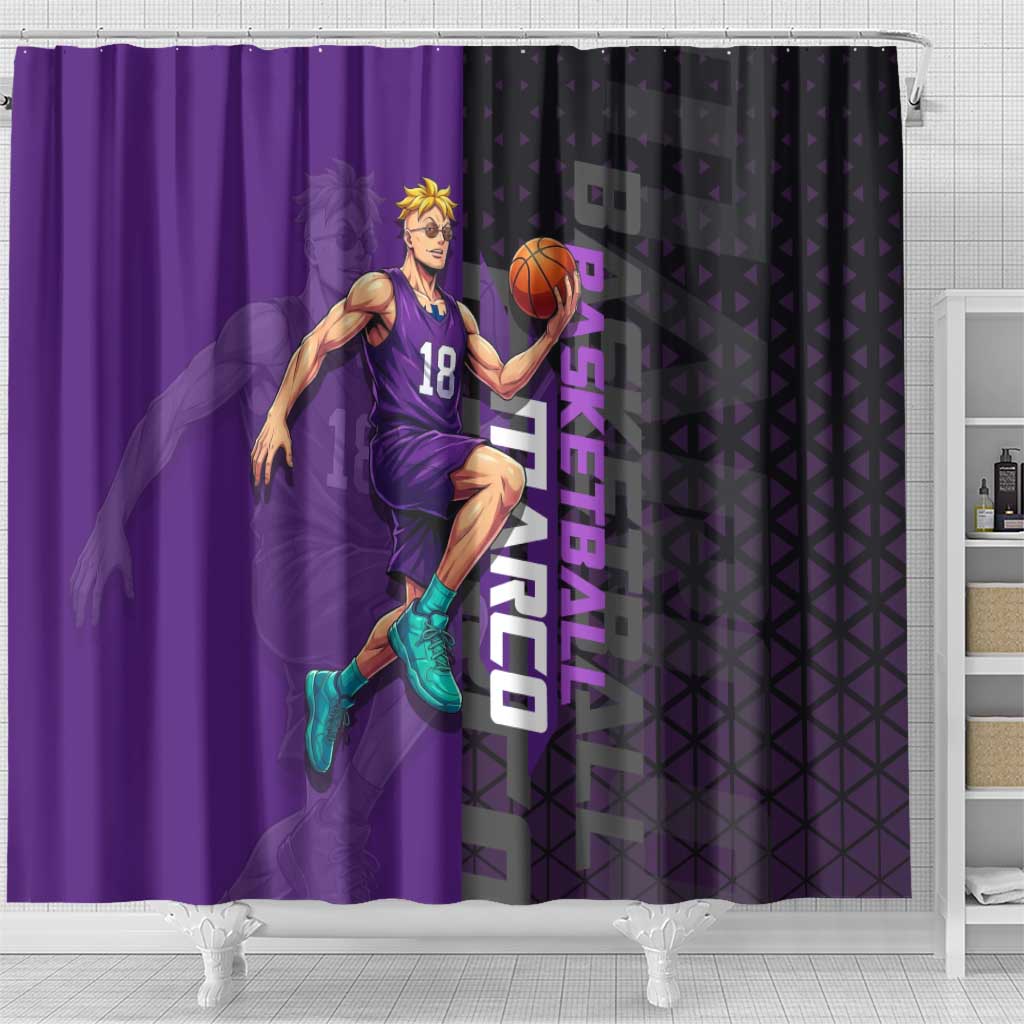 Marco One Piece Basketball Theme Purple and Black Design Shower Curtain with Phoenix Emblem and Action Pose - The Mazicc