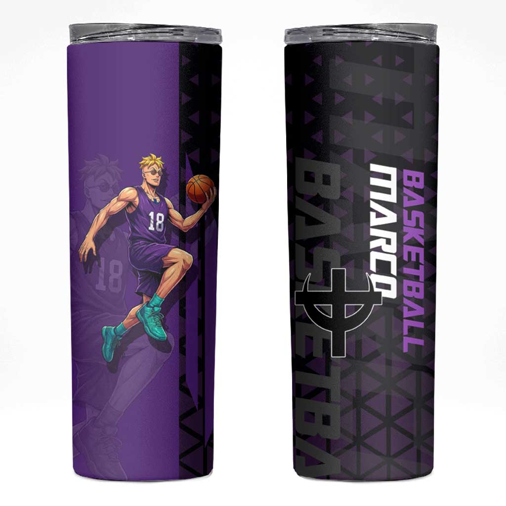 Marco One Piece Basketball Theme Purple and Black Design Skinny Tumbler with Phoenix Emblem and Action Pose - The Mazicc