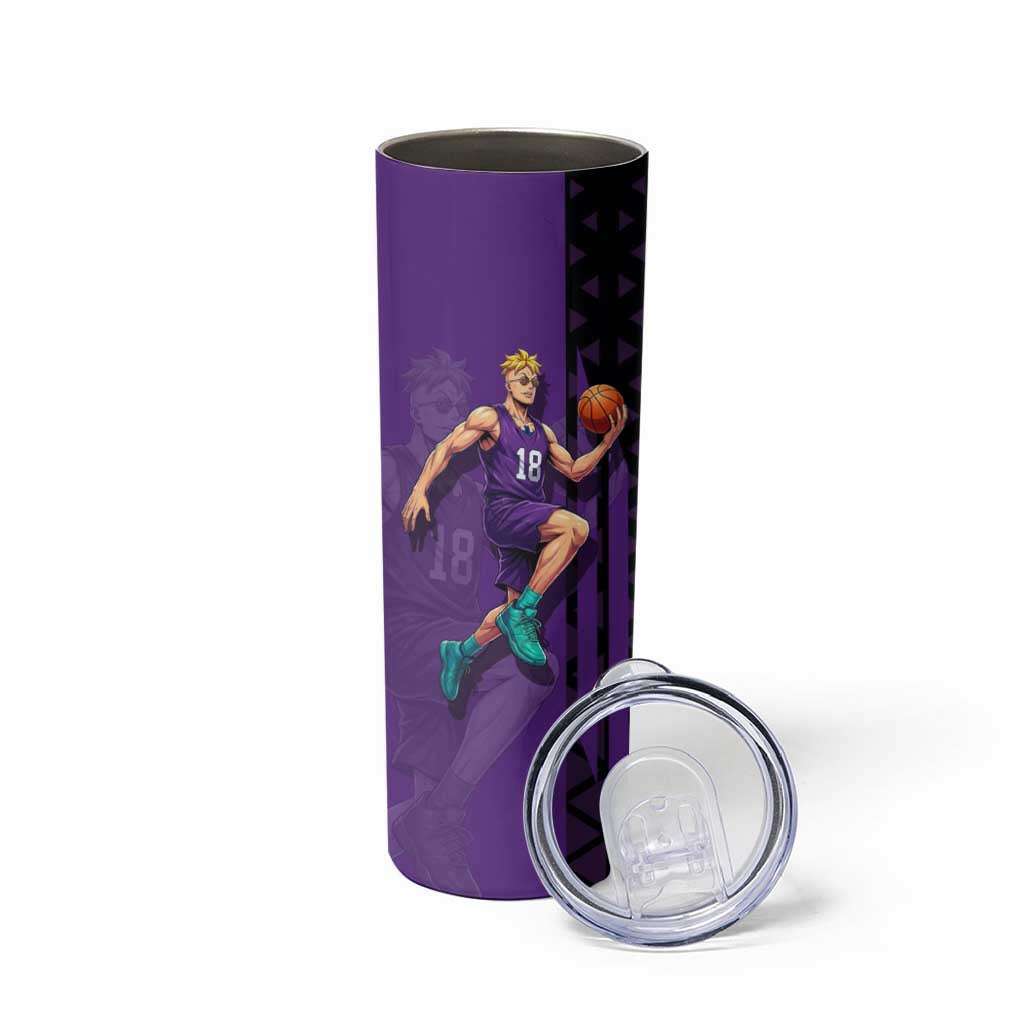 Marco One Piece Basketball Theme Purple and Black Design Skinny Tumbler with Phoenix Emblem and Action Pose - The Mazicc