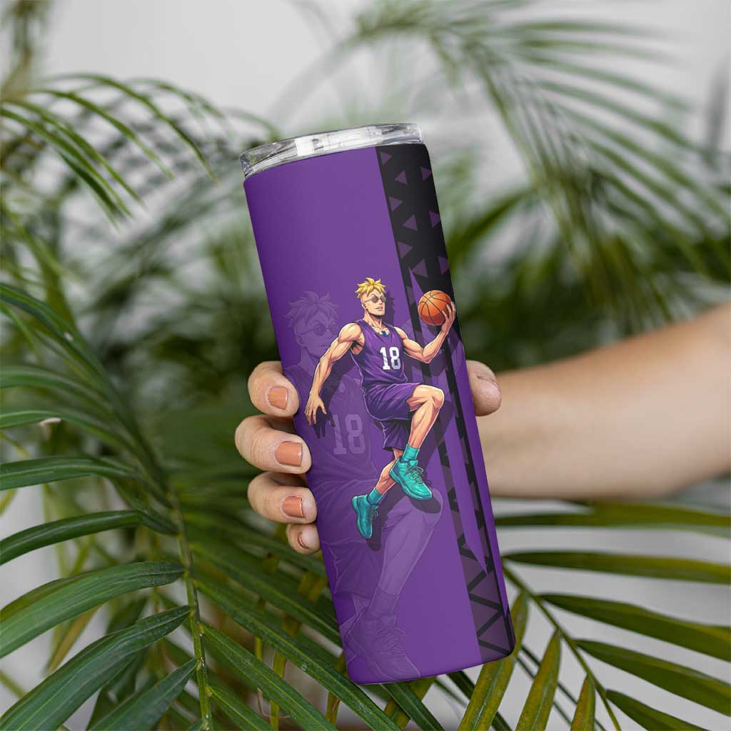 Marco One Piece Basketball Theme Purple and Black Design Skinny Tumbler with Phoenix Emblem and Action Pose - The Mazicc