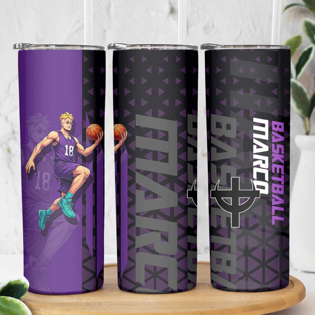 Marco One Piece Basketball Theme Purple and Black Design Skinny Tumbler with Phoenix Emblem and Action Pose - The Mazicc