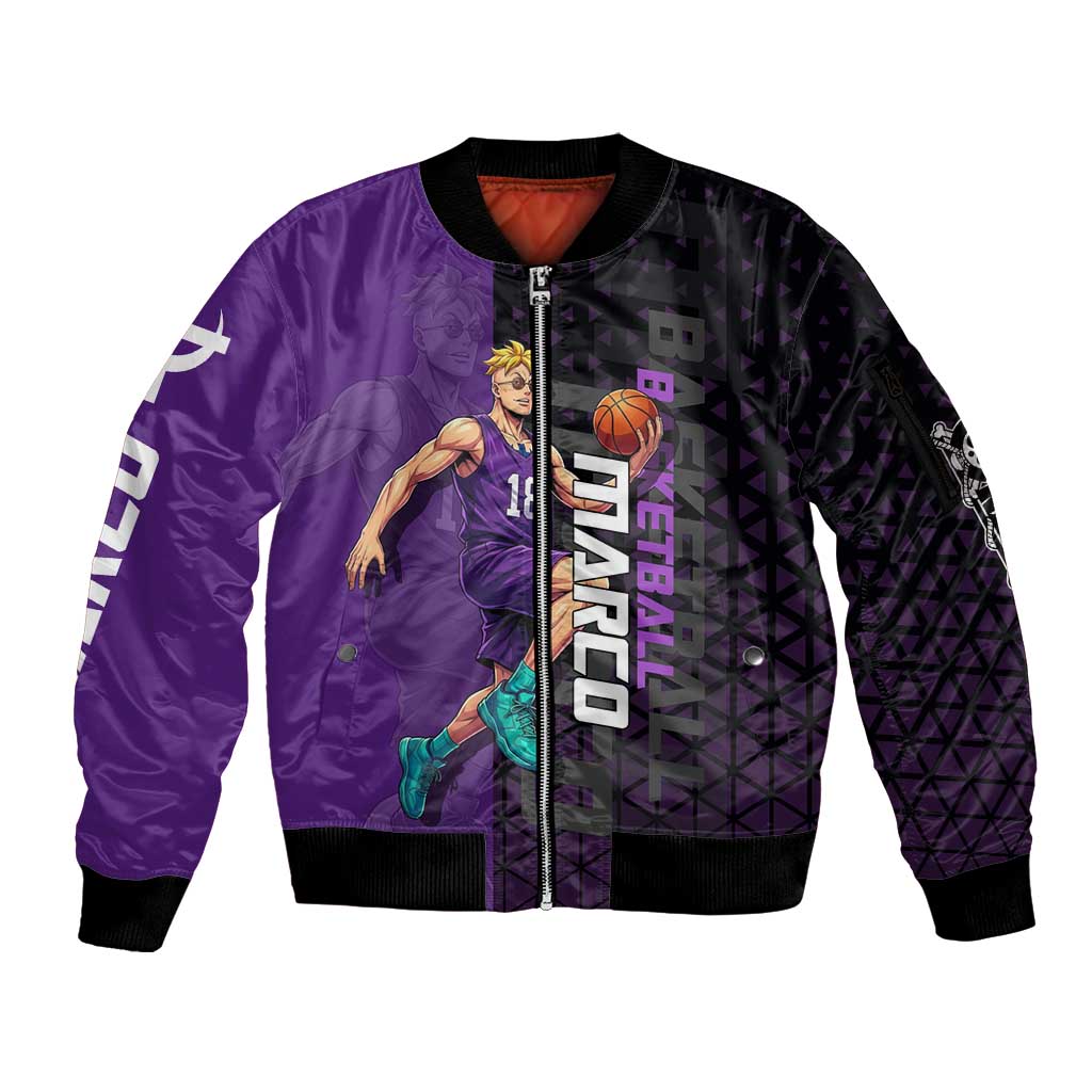 Marco One Piece Basketball Theme Purple and Black Design Sleeve Zip Bomber Jacket with Phoenix Emblem and Action Pose - The Mazicc