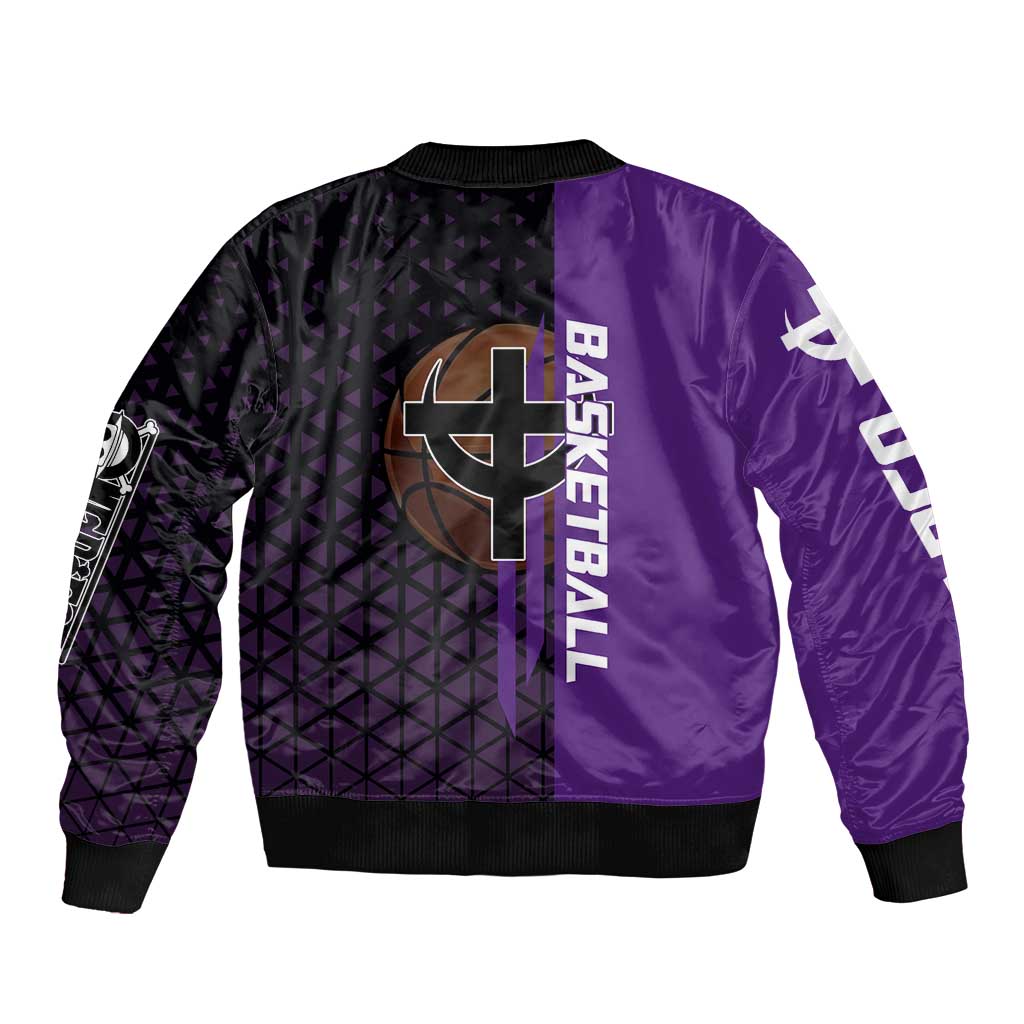 Marco One Piece Basketball Theme Purple and Black Design Sleeve Zip Bomber Jacket with Phoenix Emblem and Action Pose - The Mazicc